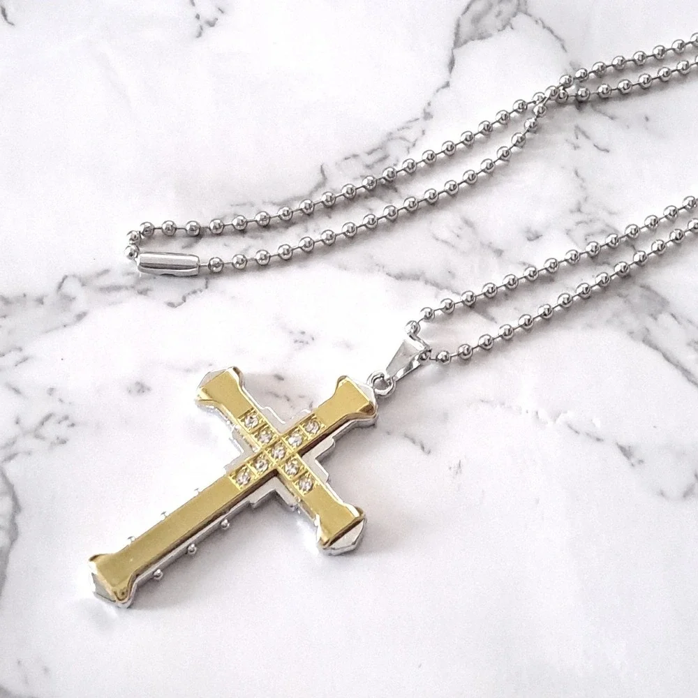 New Boutique Cross‎ Pendant Necklace Unisex Gold Silver Two Tone Crystal Inlay